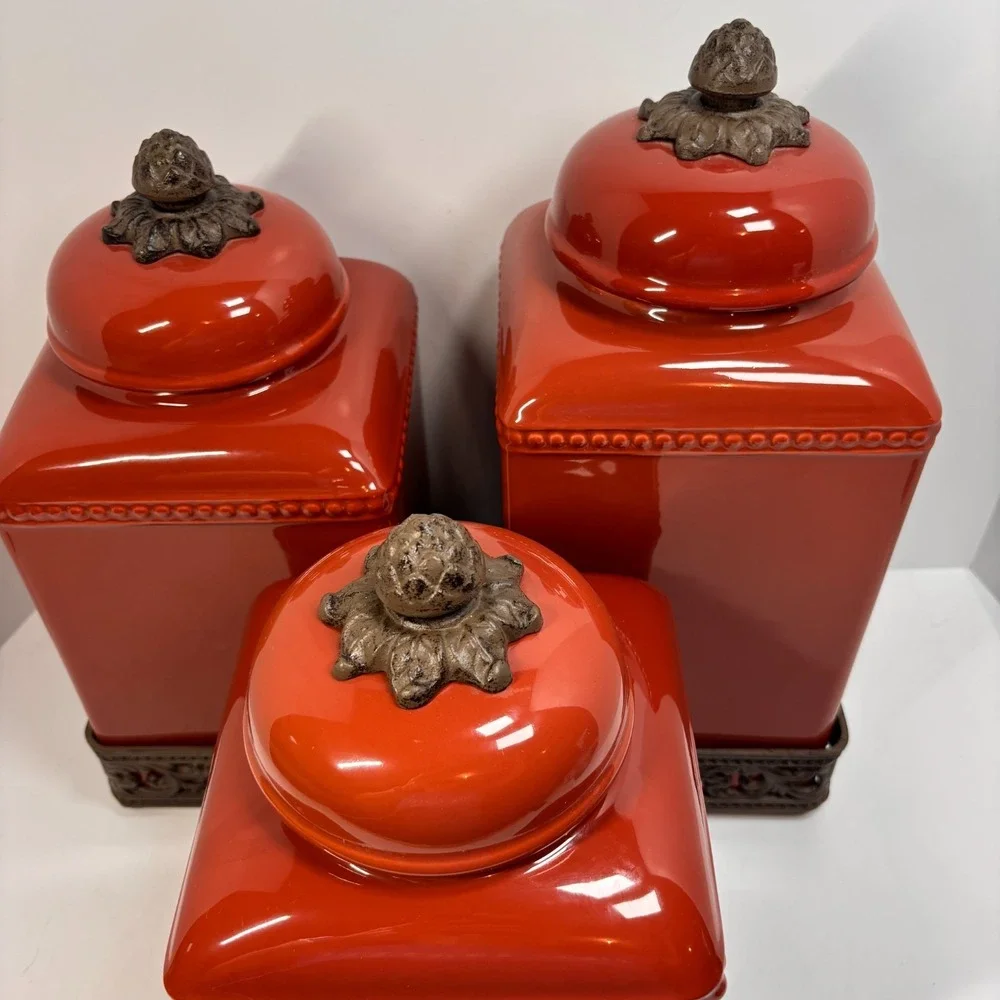 3 Piece Canister GG Collection Tuscan Red Scroll Metal Bases European Charm